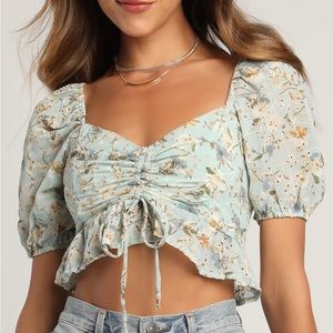 Flowering Feelings Light Blue Floral
Ruched Puff Sleeve Crop Top